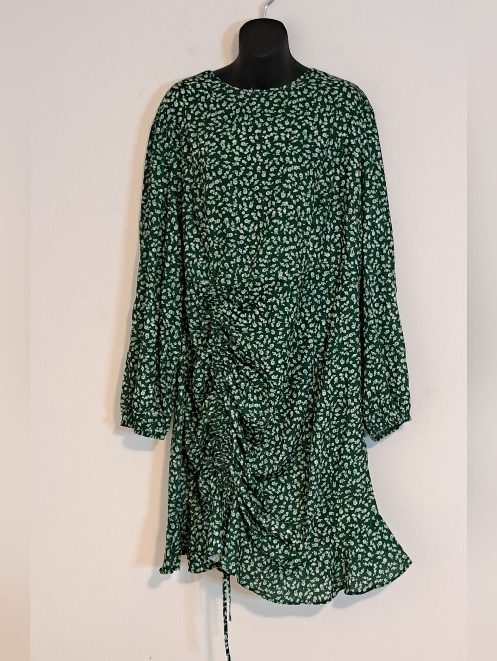 SHEIN Dark Green Floral Long-Sleeve Ruched Drawstring Dress Misses Plus Size 4XL
